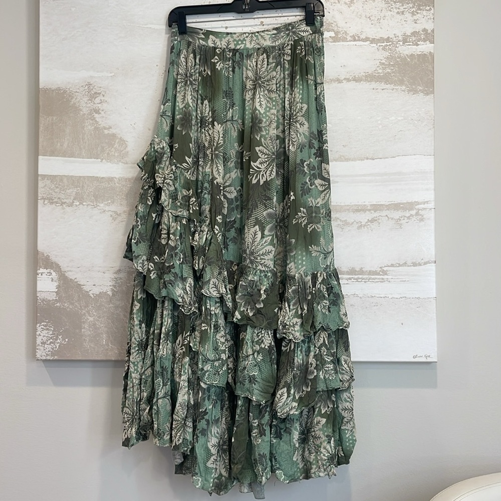 FREE PEOPLE Marietta Floral Green Tiered Maxi Skirt